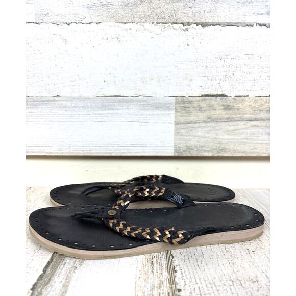 UGG Women’s 7 Black Tan Leather Braided Slip On Flip Flop Sandal Summer Beach - Picture 2 of 7